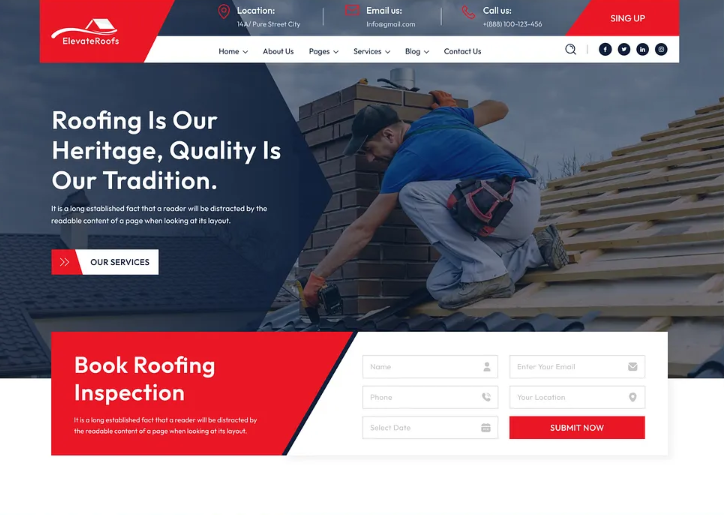 Elevate Roofs roofing company website homepage with a roofer hero and a booking inspection form, built by S A Media