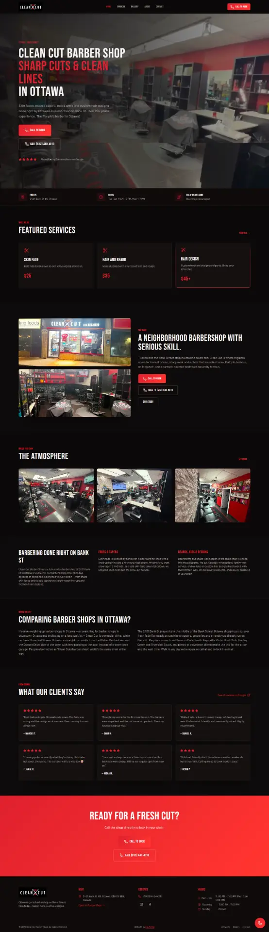 Clean Cuts Barbershop website homepage shown in a browser window, built by S A Media