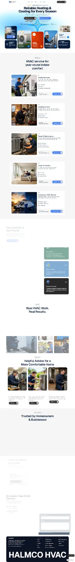 HalmCo HVAC Service website homepage with heating and cooling service cards and a work gallery, built by S A Media