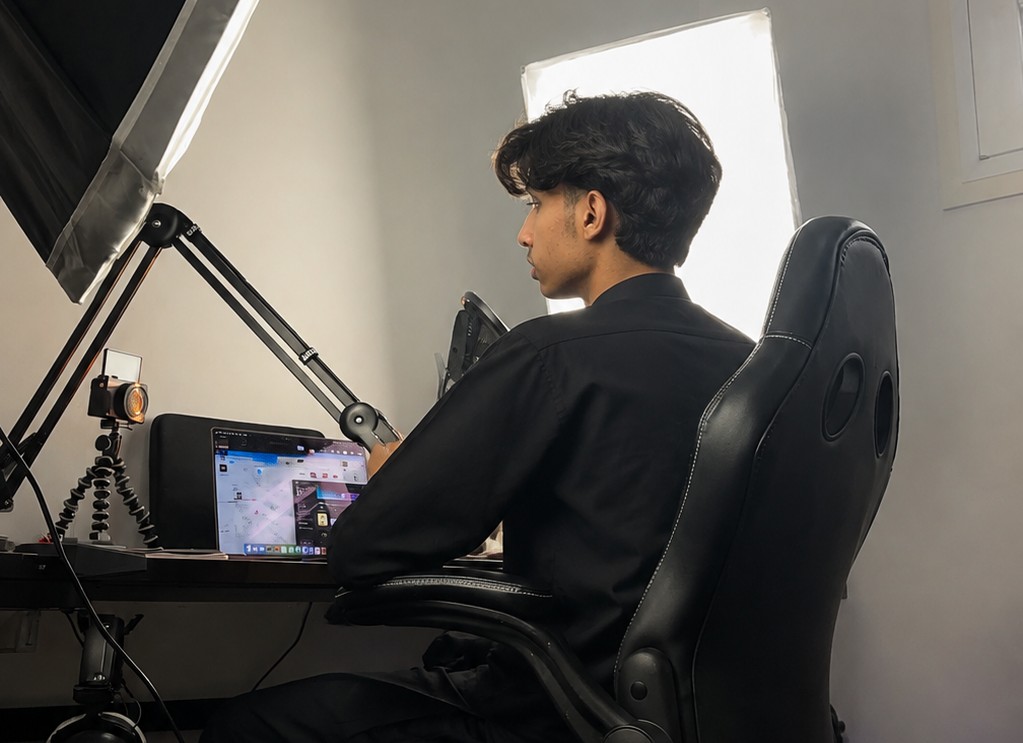 Abraham Sandhu on a client call seated at a desk with a laptop, microphone and softbox lighting in a home studio setup