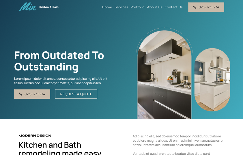 Min Kitchen & Bath website homepage with a teal hero and arched kitchen remodel photos, built by S A Media